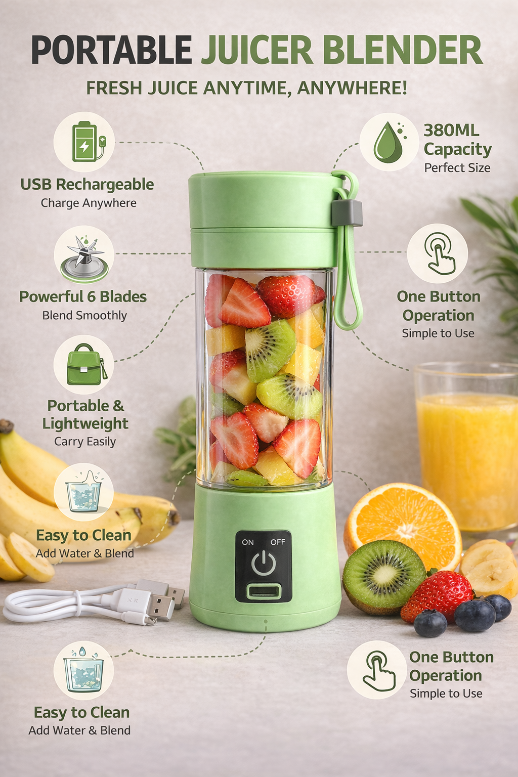 Portable Juicer Blender – Fresh Juice Anywhere, Anytime (USB Rechargeable)