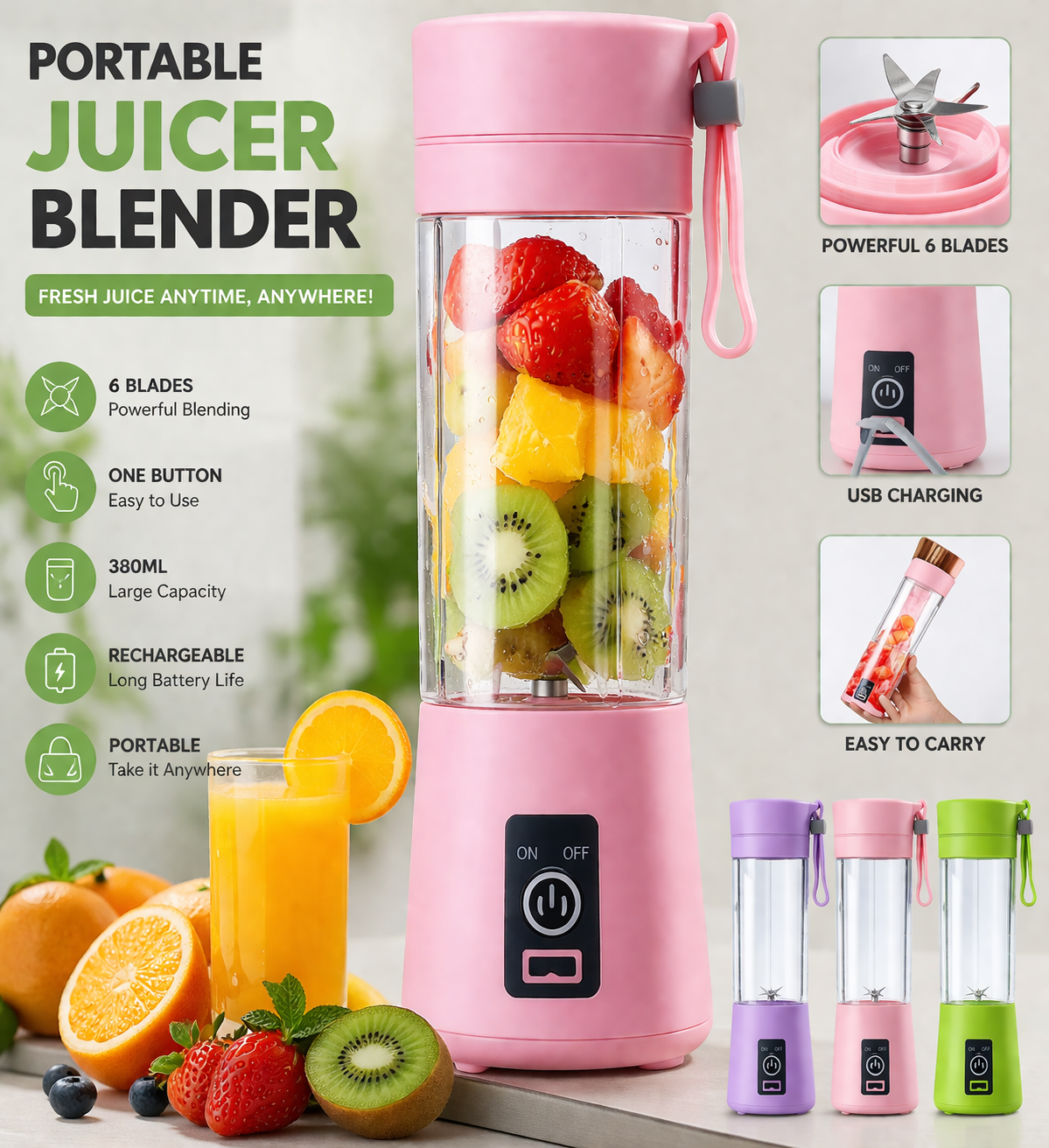 Portable Juicer Blender – Fresh Juice Anywhere, Anytime (USB Rechargeable)